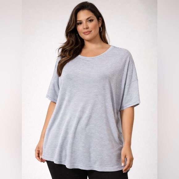 Terra & Sky Tops - 💙 Terra & Sky Women’s Crewneck Tee – Oxford Blue Stripe, Plus Size 1X  💙